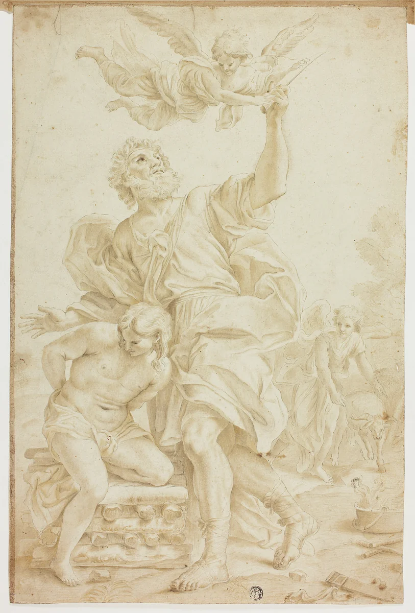 Sacrifice of Isaac (recto); Figure Sketches (verso) by Domenico Piola, drawing, 1647-1703