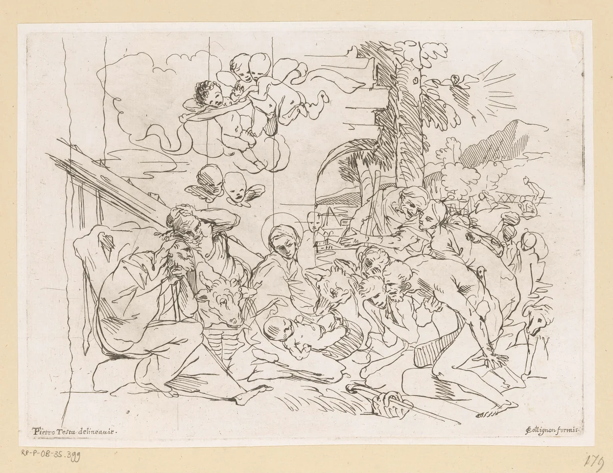 Aanbidding door de herders by anonymous, print, 1650-1750