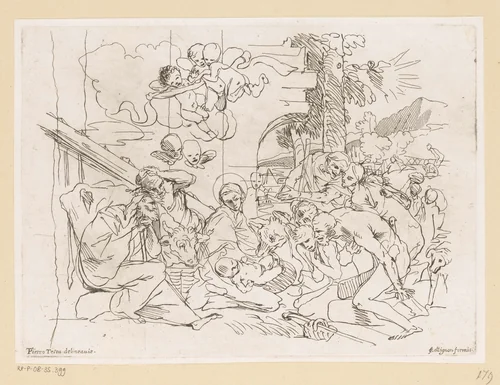 Aanbidding door de herders by anonymous, print, 1650-1750