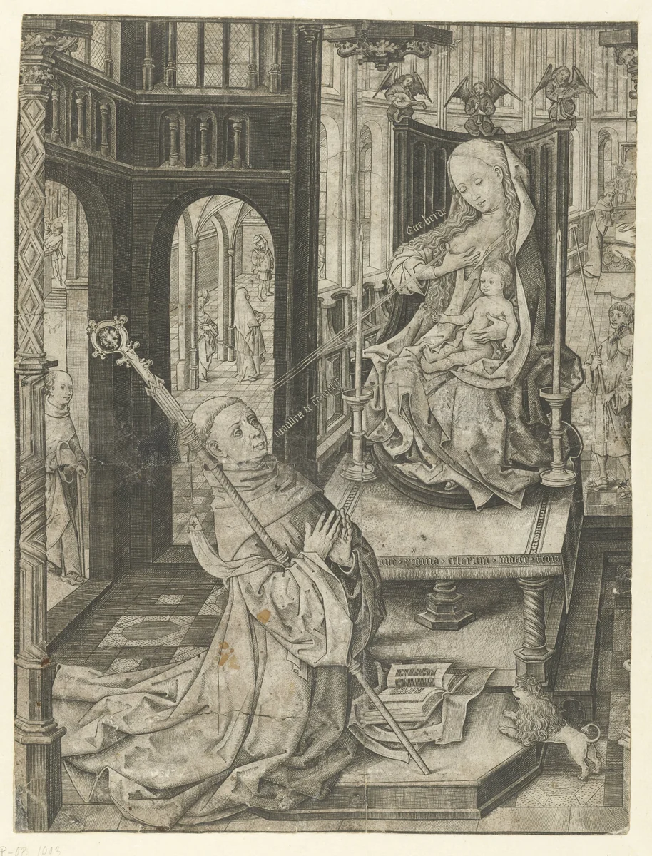 De heilige Bernardus knielend voor Maria met kind by Meester IAM van Zwoll, print, 1470-1485