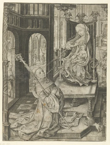 De heilige Bernardus knielend voor Maria met kind by Meester IAM van Zwoll, print, 1470-1485