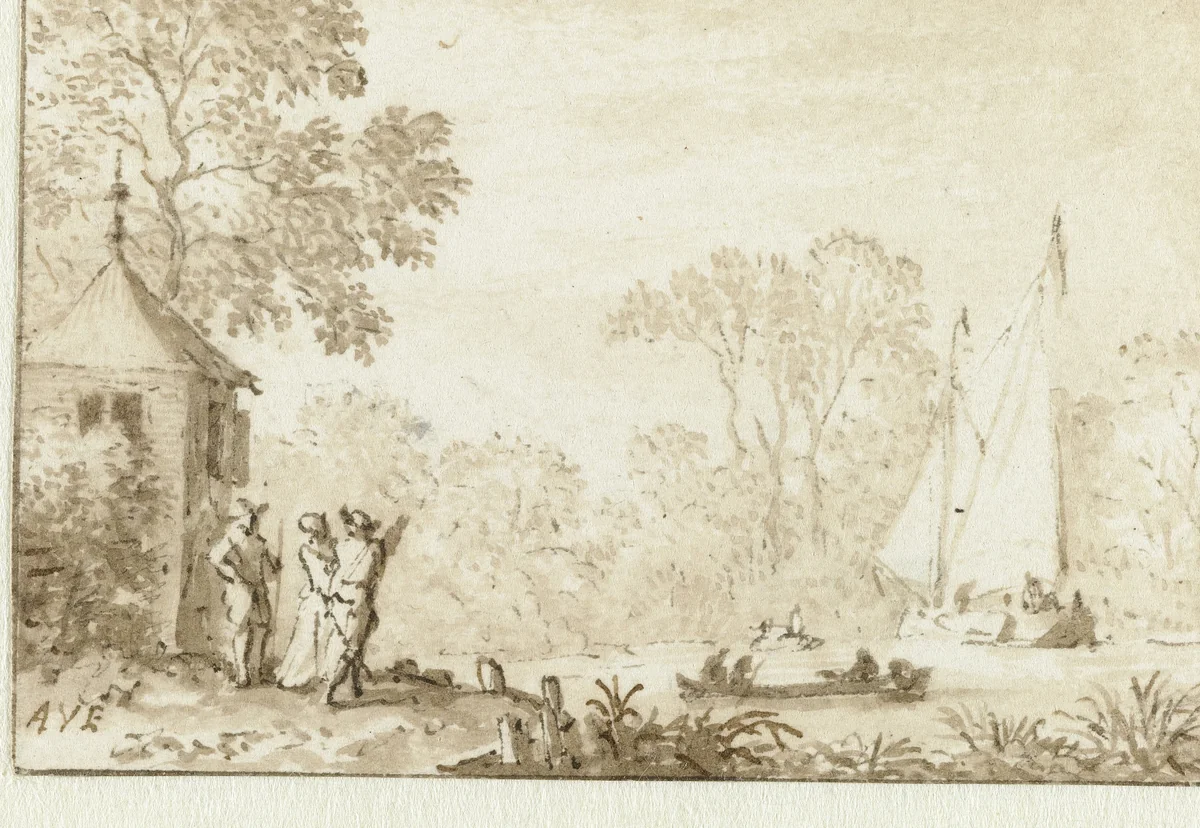 Landschap met drie figuren aan de oever van een water by Allaert van Everdingen, drawing, 1631-1675