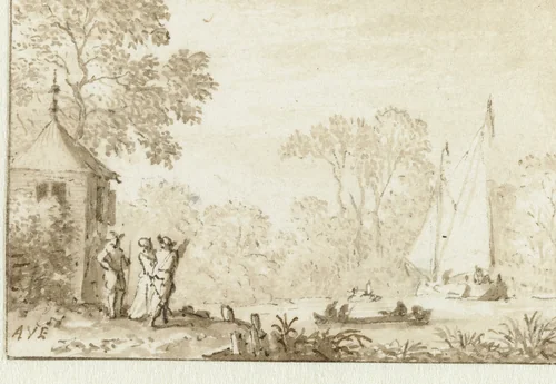 Landschap met drie figuren aan de oever van een water by Allaert van Everdingen, drawing, 1631-1675