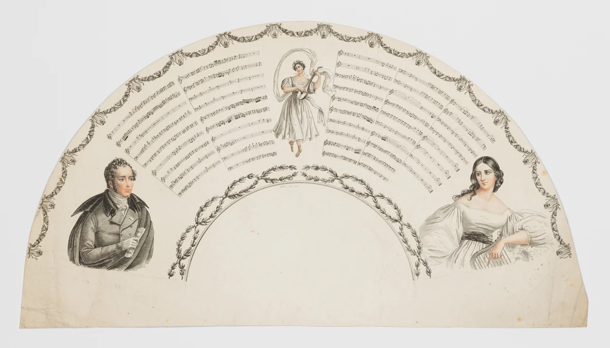 Fan leaf with music and a male and female half figure by Willaeys, print, 1800-1899