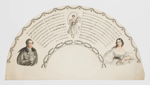 Fan leaf with music and a male and female half figure by Willaeys, print, 1800-1899