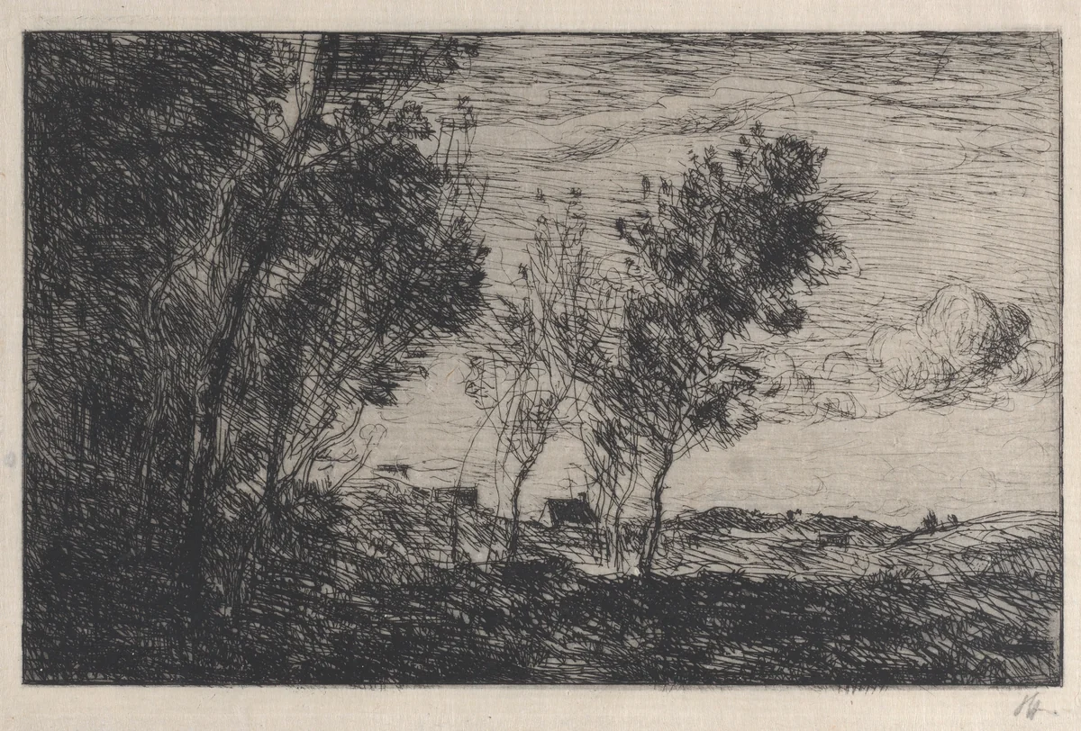 In the Dunes: Souvenir of the Woods at the Hague (Dans les dunes: Souvenir du bois de la Haye) by Camille Corot, print, 1869