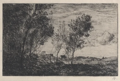 In the Dunes: Souvenir of the Woods at the Hague (Dans les dunes: Souvenir du bois de la Haye) by Camille Corot, print, 1869