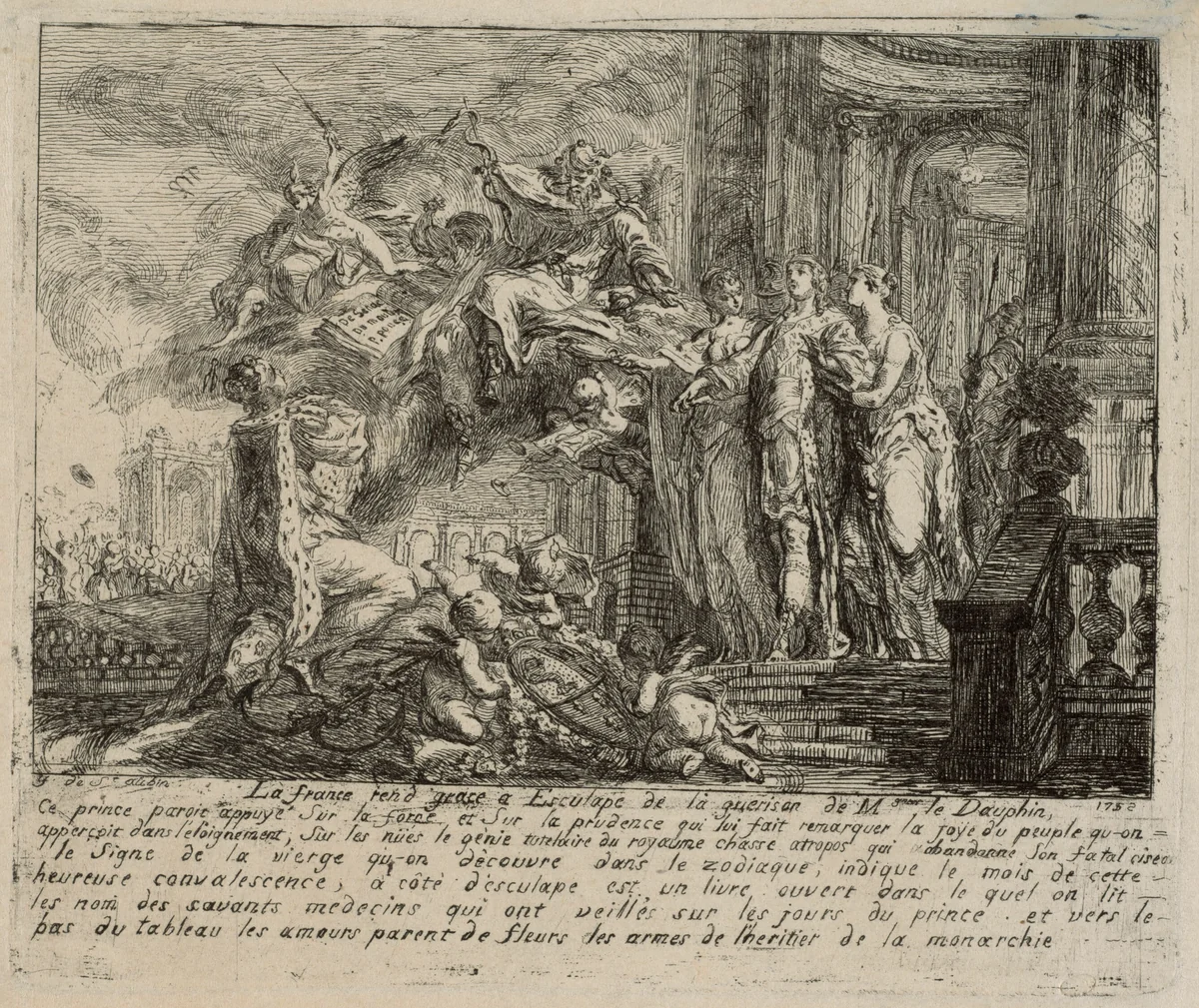 Allegory on the Convalescence of the Dauphin by Gabriel Jacques de Saint-Aubin, print, 1752