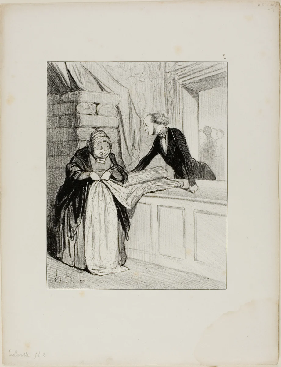The Salesman's Hoax. – A Design Out of Fashion. "This kind of fabric has a delightful shade; Madame is the first to whom I have shown it.... all our young women are going to tear each other apart for it. What a charming design.... it would look marvellous on such an elegant form.... you absolutely need this, Madame," plate 2 from Les Carottes by Honoré-Victorin Daumier, print, 1844