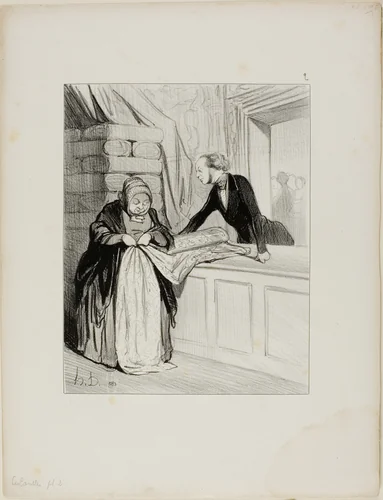 The Salesman's Hoax. – A Design Out of Fashion. "This kind of fabric has a delightful shade; Madame is the first to whom I have shown it.... all our young women are going to tear each other apart for it. What a charming design.... it would look marvellous on such an elegant form.... you absolutely need this, Madame," plate 2 from Les Carottes by Honoré-Victorin Daumier, print, 1844