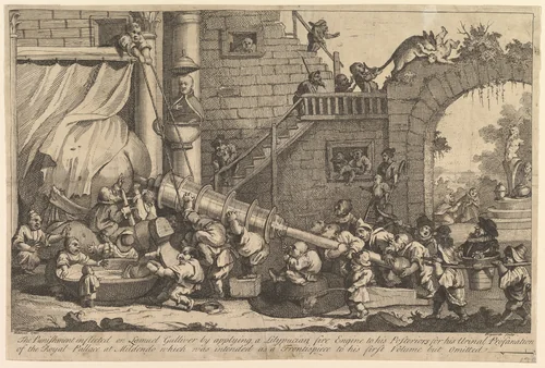 The Punishment Inflicted on Lemuel Gulliver by William Hogarth, print, 1726