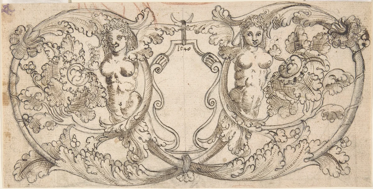 Design for a Cartouche with Acanthus Scrolls from which Female Figures Emerge by anonymous, drawing, 1648