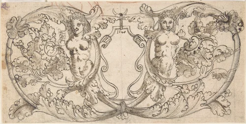 Design for a Cartouche with Acanthus Scrolls from which Female Figures Emerge by anonymous, drawing, 1648