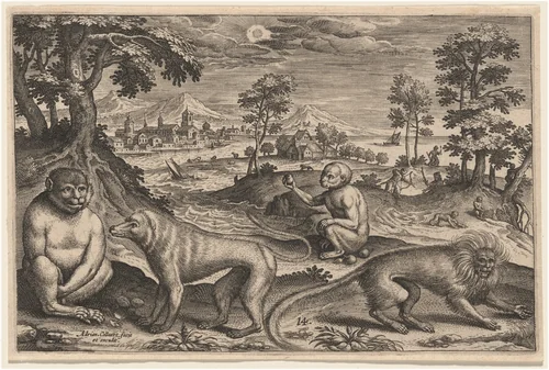 Two Apes and Two Monkeys by Adriaen Collaert, print, 1592-1602
