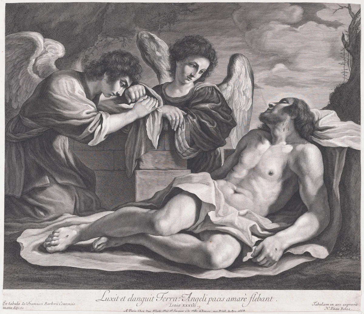 Angels Mourning over the Dead Christ by Nicolas Pitau, print, 1685-1695