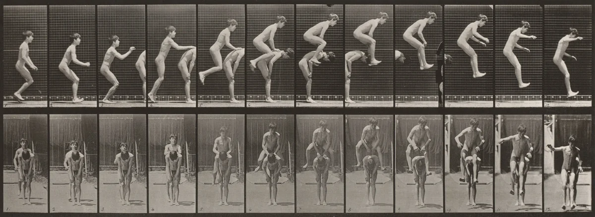 Plate Number 168. Jumping over a boy's back (leapfrog) by Eadweard Muybridge, photograph, 1887