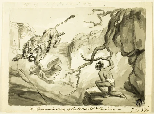Dr. Sparman's Story of the Hottentot and the Lion by Samuel Howett, drawing, 1785-1822