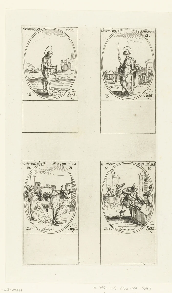 Heilige Ferreolus van Vienne, Heilige Januarius van Benevento, Heilige Eustachius van Rome en kinderen, Heilige Fausta en Heilige Evilasius van Cyzicus (18-20 september) by Jacques Callot, print, 1632-1636