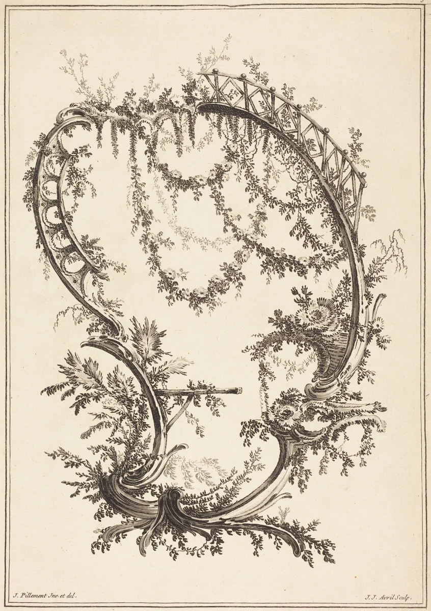 Ornament with a Strut and a Railing by Jean-Jacques Avril; Jean-Baptiste Pillement, print, 1744-1831