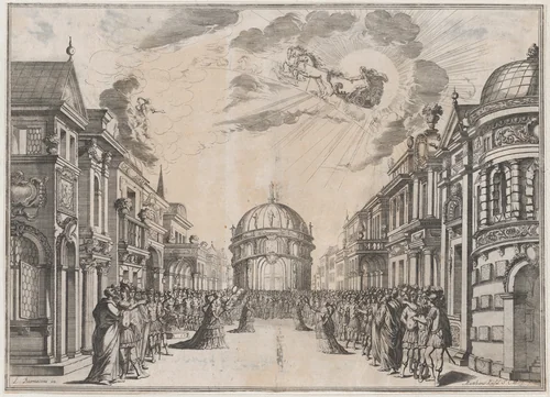 A large gathering of people in the street as a goddess races across the sky in a chariot led by four horses; set design from 'Il Fuoco Eterno' by Mathäus Küsel, print, 1674