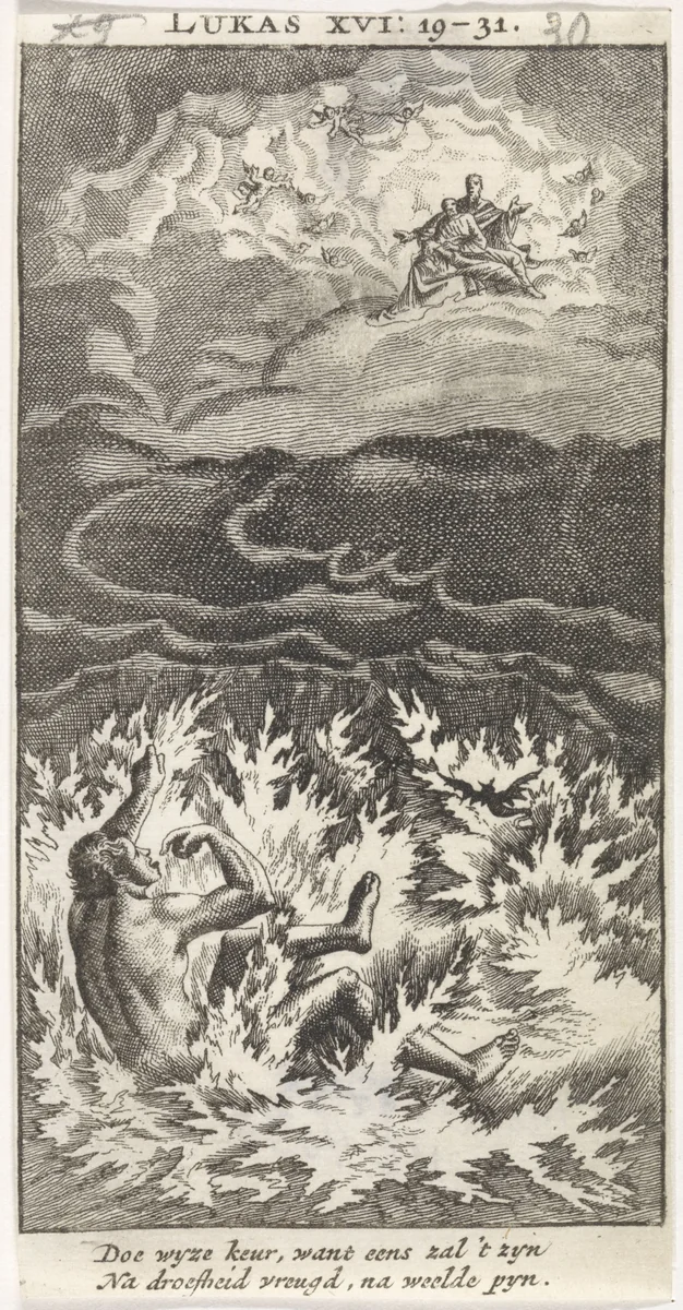 Lazarus in Abrahams schoot en de rijke man in de hel by anonymous, print, 1712