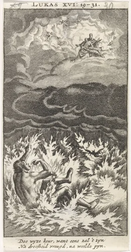 Lazarus in Abrahams schoot en de rijke man in de hel by anonymous, print, 1712