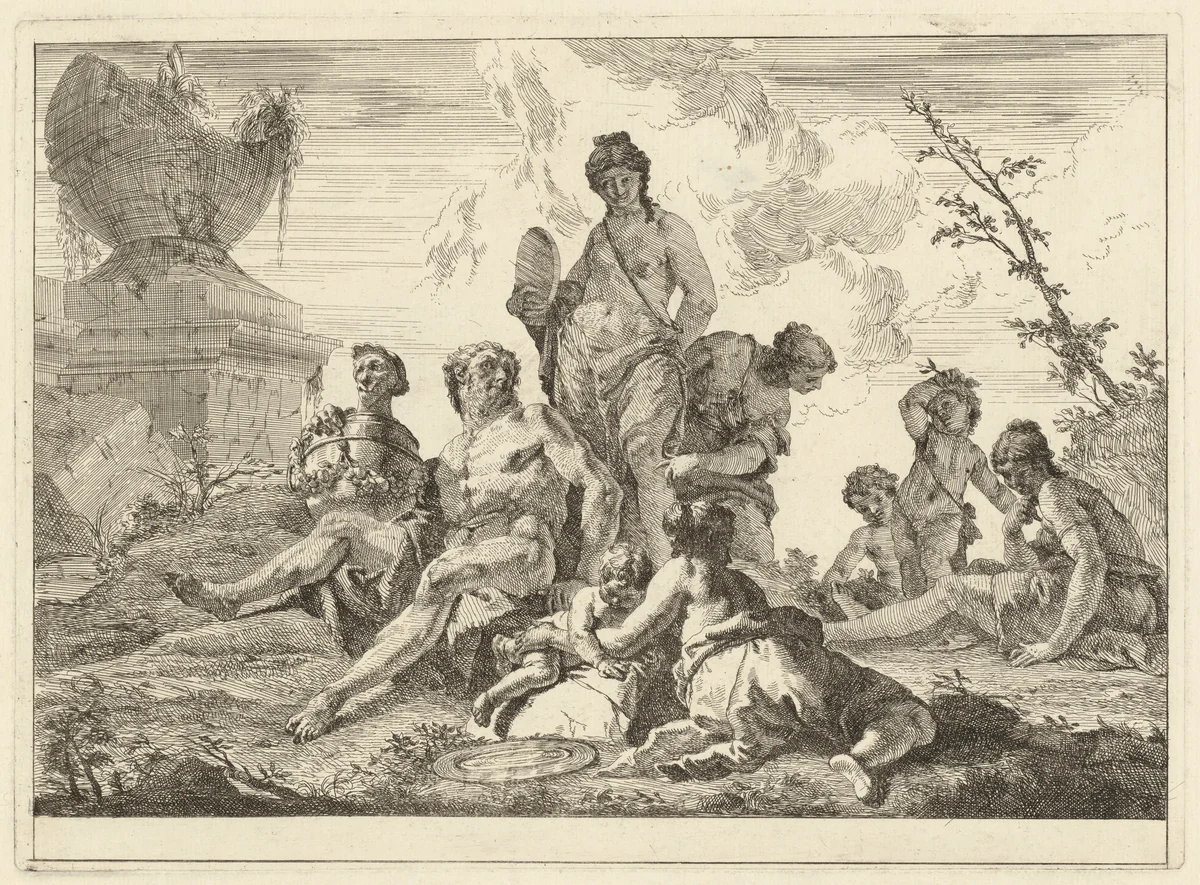 Venus and Vulcan with Three Nymphs and Three Cupids by Francesco Fontebasso, print, 1744