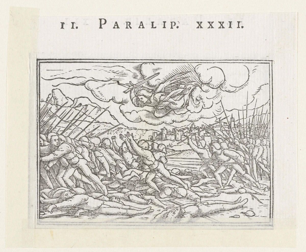Engel doodt de troepen van Sanherib by Hans Holbein, print, 1538