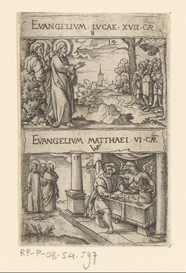 Genezing van tien melaatsen en Christus waarschuwt voor hebzucht by Unknown, print, 1524-1562