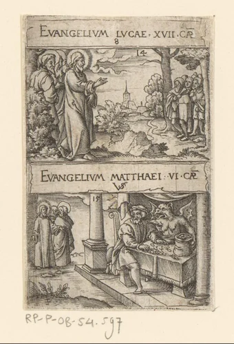 Genezing van tien melaatsen en Christus waarschuwt voor hebzucht by Unknown, print, 1524-1562