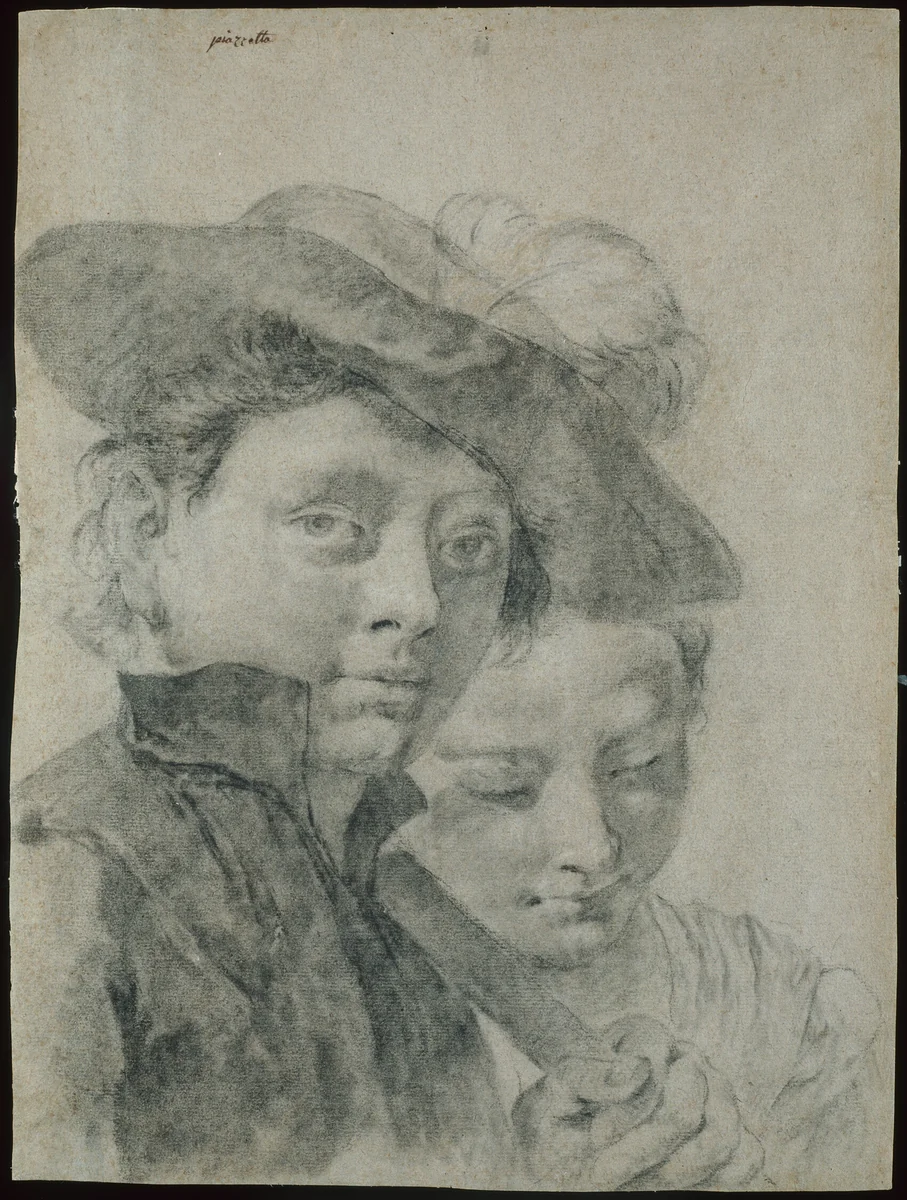 A Young Boy Wearing a Plumed Hat, and a Young Girl by Giovanni Battista Piazzetta, drawing, 1725-1735
