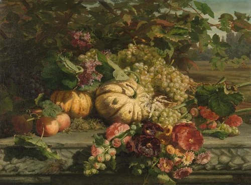Still Life with Flowers and Fruit by Gerardina Jacoba van de Sande Bakhuyzen, painting, 1869