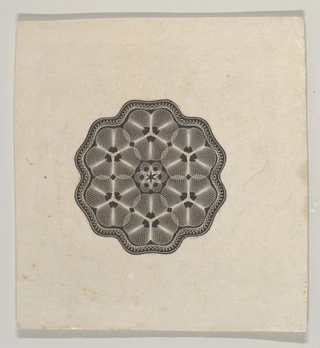 Banknote motif: a small six lobed ornament with a rope border, the interior adorned with lathe work florets by Cyrus Durand, print, 1819-1847