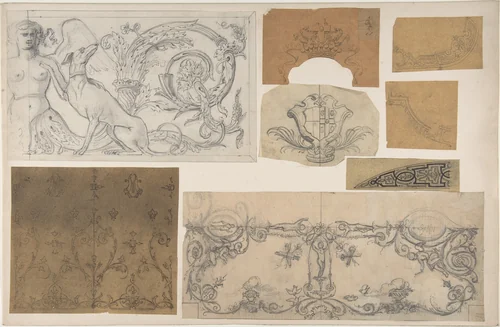Eight Miscellaneous Designs for the de la Rochejaquelein Family by Jules-Edmond-Charles Lachaise, drawing, 1850-1900