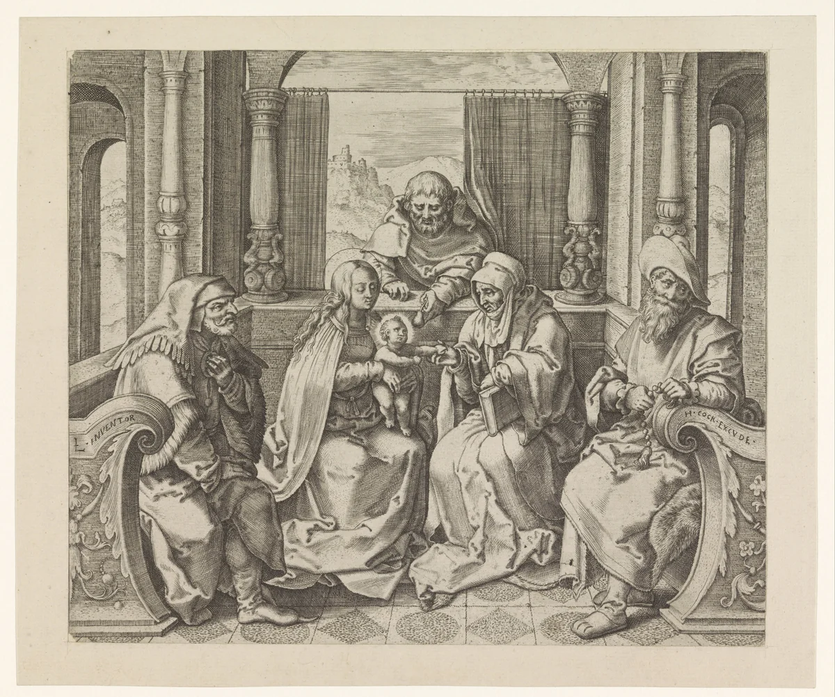 Anna-te-Drieën met Jozef en twee mannelijke heiligen by anonymous, print, 1560-1570