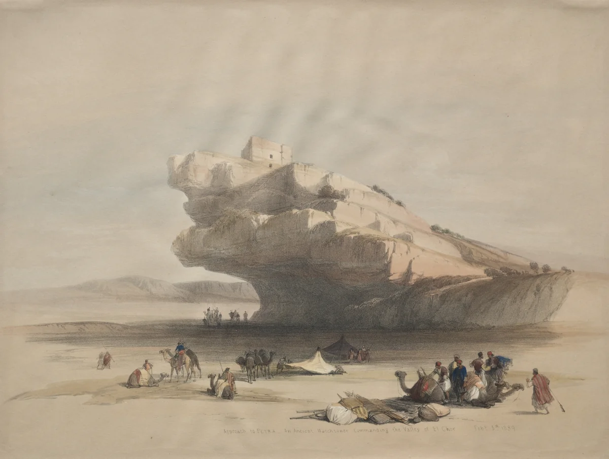 Approach to Petra, an Ancient Watch Tower Commanding the Valley of El Chor by David Roberts, print, 1839