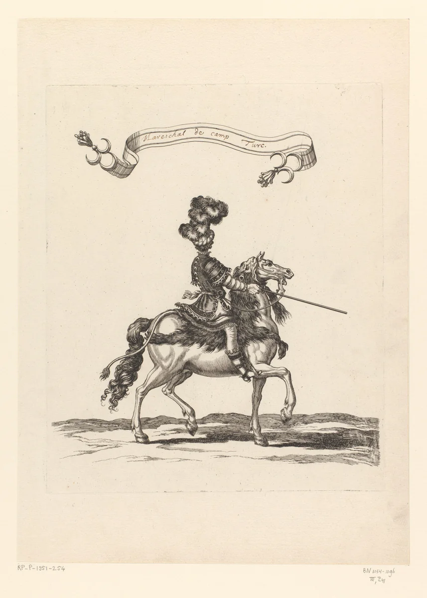 Aanvoerder te paard in Turks kostuum op de rug gezien by François Chauveau, print, 1670