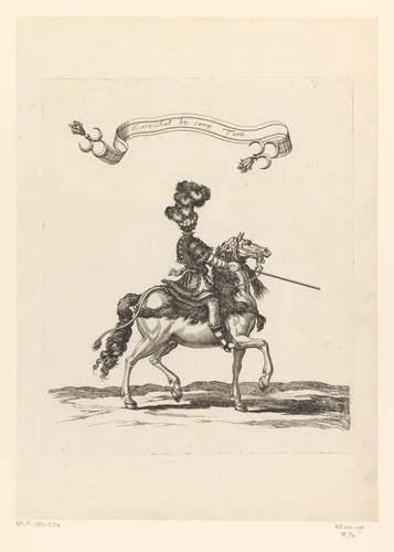 Aanvoerder te paard in Turks kostuum op de rug gezien by François Chauveau, print, 1670