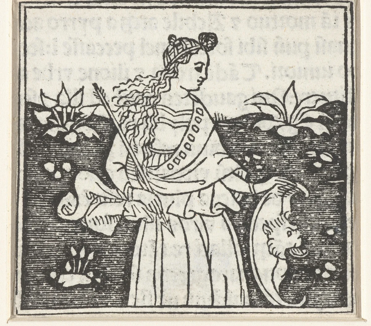 Vrouw met pijl en wapenschild by anonymous, print, 1480-1499