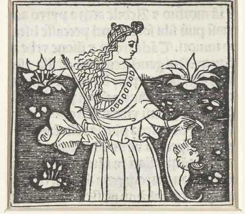 Vrouw met pijl en wapenschild by anonymous, print, 1480-1499