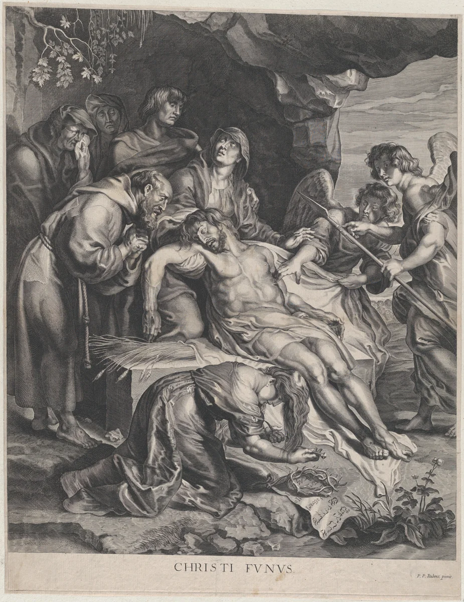 The Lamentation with Saint Francis and Two Angels by Paulus Pontius, print, 1603-1658