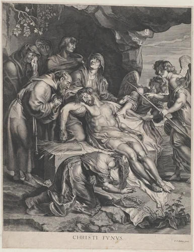 The Lamentation with Saint Francis and Two Angels by Paulus Pontius, print, 1603-1658
