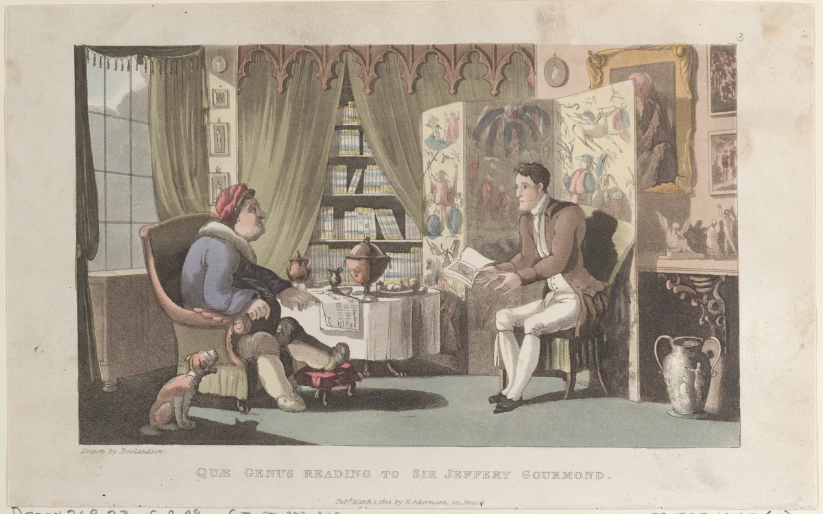 Quae Genus Reading to Sir Jeffery Gourmand by Thomas Rowlandson, print, 1822