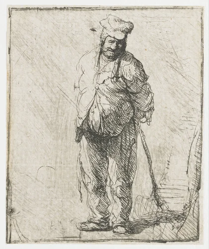 Ragged peasant with his hands behind him, holding a stick by Rembrandt van Rijn, print, 1630