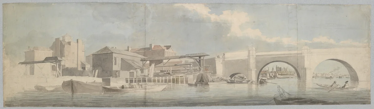 Westminster Bridge, the Surrey side by Samuel Scott, drawing, 1745-1755
