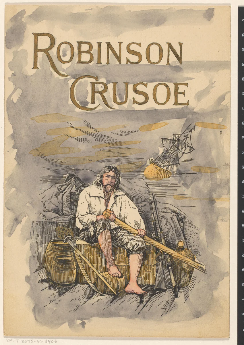 Bandontwerp voor: Daniel Defoe, Robinson Crusoe, jaar onbekend by anonymous, drawing, 1900-1920