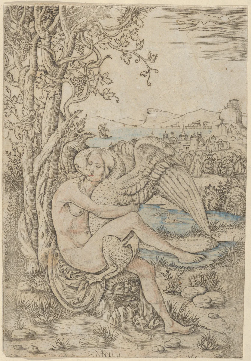 Leda and the Swan set in a landscape by Giovanni Battista Palumba, print, 1500-1510