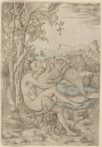 Leda and the Swan set in a landscape by Giovanni Battista Palumba, print, 1500-1510