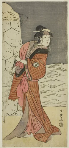 The Actor Iwai Hanshiro IV as Yaegushi no Oroku (?) in the Play Keisei Kogane no Hakarime (?), Performed at the Kawarazaki Theater (?) in the Third Month, 1792 (?) by Katsukawa Shun'ei (勝川春英), print, 1787-1797