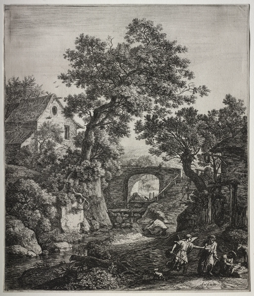 Six large upright landscapes with scenes from the Old Testament: Zipporah Circumcising Her Son by Anthonie Waterloo, print, 1640-1690